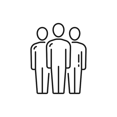 Management, chat conference, three workers exchange opinions isolated thin line icon. Vector business chat, team communication, group of people brainstorming and discussing recruitment issues