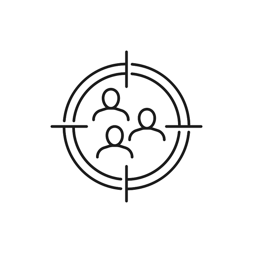 Business conference, people reach target together isolated thin line icon. Vector goal circle brainstorming and recruiting in goal circle. Team communication group finding financial decisions, profit