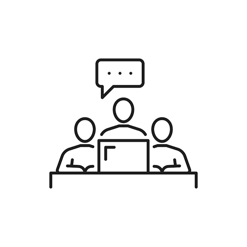 People writing message on computer isolated thin line icon. Vector chat or online support, content editors typewriters. Copywriters or writers typing text online, distance education and examination