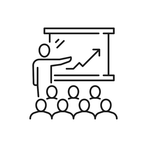 Presentation and discussion, man speaker pointing on chart board with growing arrow isolated thin line icon. Vector presenter leader and workers managers brainstorming and recruiting, line art