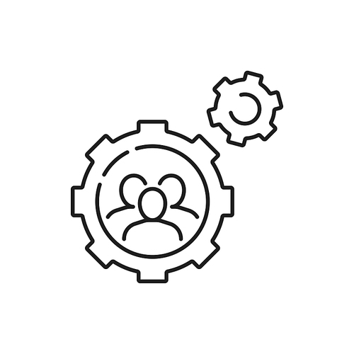 Cooperation together, people in cogwheel, motivation and organization, business project isolated thin line icon. Vector brainstorming and recruitment, manufacturing and workers control, line art
