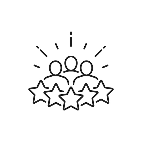 Five star rate, business people communicating and brainstorming isolated thin line icon. Vector best service, clients satisfaction, best choice, feedback. Customers meeting, recruitment, 5 star award
