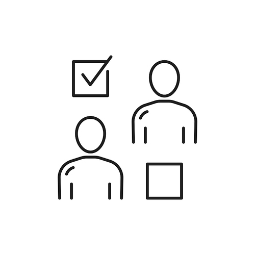 Selecting hiring right employee, worker candidate isolated check in square thin line icon. Vector showing employable and suitable for job person, tick mark. Recruitment and human resource management