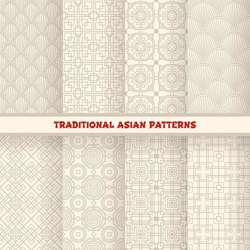 Asian Korean, Chinese and Japanese seamless patterns, ornaments vector background. Oriental wallpapers or pattern backgrounds with adrnment and chinese knot tracery, geometric art