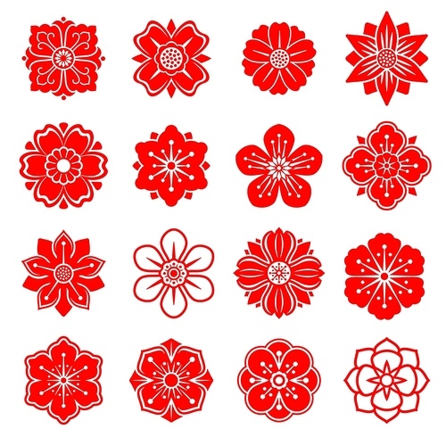 Red chinese, japanese and korean flowers, Asian floral patterns or vector icons. Chinese cherry blossom flower or japanese sakura ornament decor, oriental paper art or papercut decoration patterns