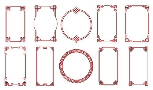 Asian red knot Chinese, Japanese, Korean frames and borders, vector set. Chinese pattern ornaments oriental frames, red knot decorations and geometric borders