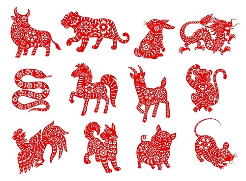 Chinese zodiac horoscope animals, red papercut characters and astrology signs, vector. Chinese zodiac or horoscope signs of astrology animals in paper cut for China New Year holiday lunar calendar