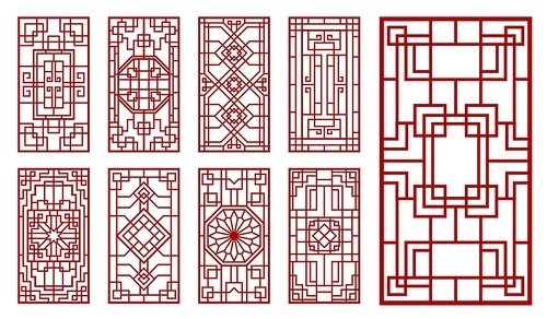 Asian window and door ornaments. Korean, chinese and japanese patterns. Oriental vintage vector wall or interior decorations with endless knot lattice or grid, floral and line rectangular ornaments