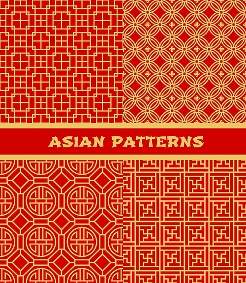 Traditional Asian seamless patterns. Korean, Chinese and Japanese ornament. vector red patterns. Oriental wallpaper or golden background with asian knot and geometric ornament