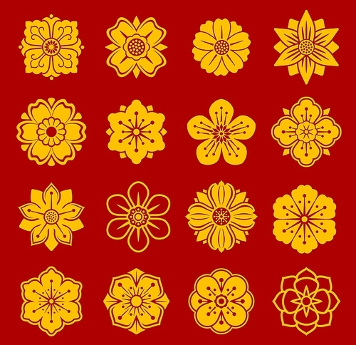 Asian floral chinese, japanese, korean patterns. Oriental geometric flourish vector symbols, isolated flower golden blossoms. Lotus, cherry and chrysanthemum flowers asian graphic decorations set