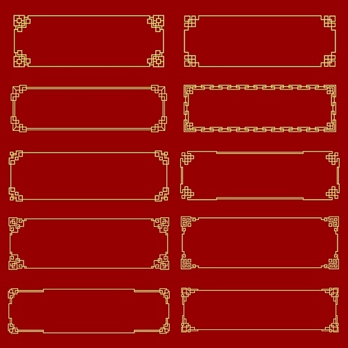 Golden knot asian frames and borders. Vector Korean, Chinese and Japanese embellishment. Ornaments and oriental geometric rectangle frames and line art corner elements