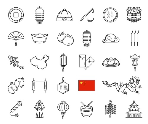 Chinese holiday, religion and national symbols, vector line icons. Chinese lunar new year lanterns, dragon and lucky knot, map and flag, pagoda temple, tangerine and coins,cloud and golden ingot hat