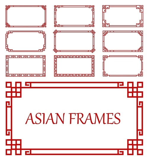 Korean, chinese and japanese asian red frames and borders. Oriental rectangular frames with endless knot line ornaments, vector asian geometric traditional borders, dividers or vintage embellish