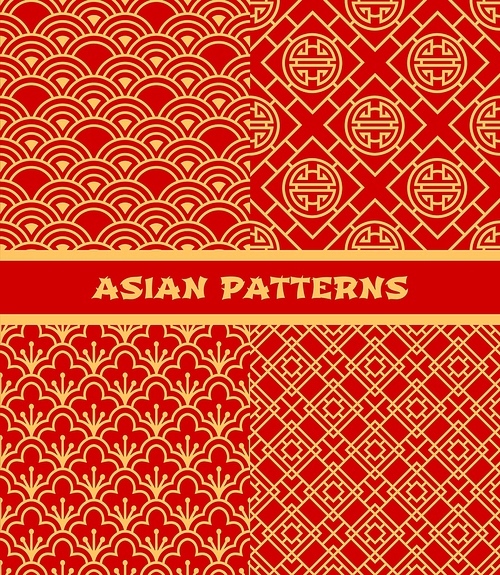 Traditional Asian seamless patterns, Korean, Chinese and Japanese ornaments, vector background. Oriental red and gold scale pattern with abstract flowers, China knot and Japan decoration background