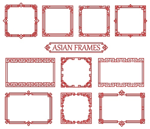 Red asian square or rectangular chinese, japanese or korean frames. Oriental decorative borders with endless, geometric line ornaments. Asian knot dividers, vintage corners and vector frames set