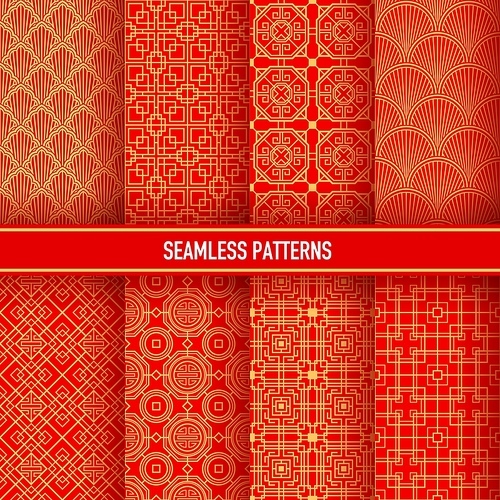 Asian seamless patterns. Korean, chinese and japanese ornaments, golden embellishments on red background. Vector traditional asian decorative textile, wallpaper, vintage oriental patterns