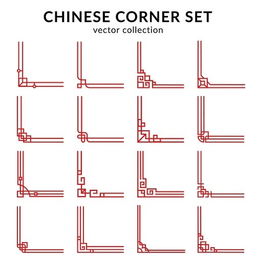 Chinese red frame corners and dividers set, vector oriental asian ornament embellishment. Chinese border frames of red knot pattern, asian decoration for boarder dividers elements