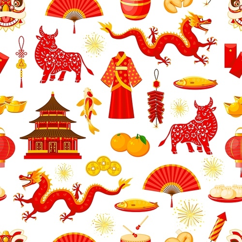 Chinese lunar new year seamless pattern, Asian holiday vector background. Chinese new year symbols pattern of red lanterns and dragon, koi fishes and gold coins with dumplings and firecrackers