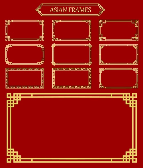 Asian frames and borders, korean, chinese and japanese embellishment. Vector golden frames with traditional asia knot ornament or pattern. Oriental graphic vintage gold border on red background