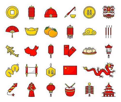 Chinese holiday, religion and national symbols line icons of vector China Lunar New Year. Gold money, dragon, lion and fish, red lanterns, fan and firecrackers, golden ingot, lucky coin, flag and map
