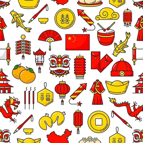 Chinese lunar new year holiday, religion and national seamless pattern, vector background. Chinese new year symbols pattern of lantern, cloud and dragon, fireworks and gold coins with fortune cookies