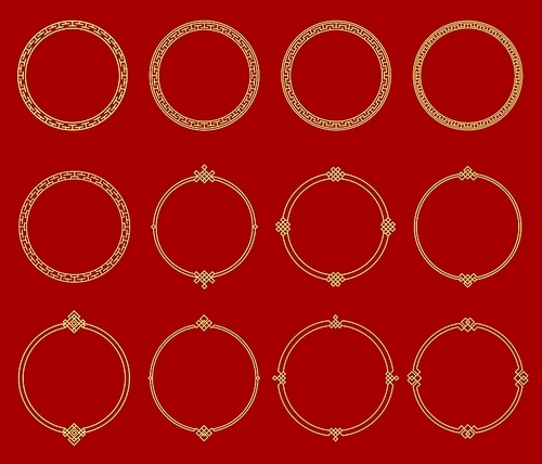 Round circle asian frames. Japanese, korean and chinese borders. Oriental decorative frames set with geometric line ornaments, vector vintage borders with golden endless knot patterns
