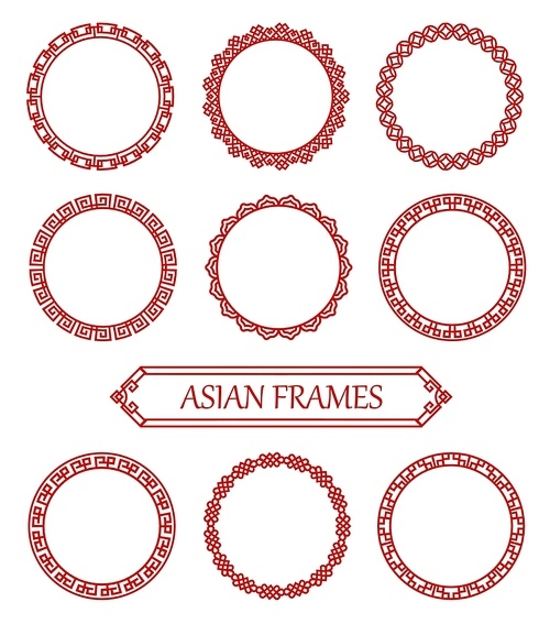 Round red asian frames, japanese, korean and chinese decorative embellishment. Vector circle knot borders, photo frames with traditional asia ornaments or patterns. Oriental graphic vintage decor set