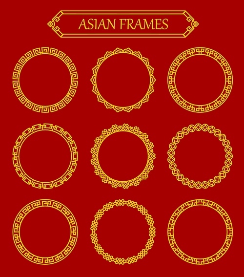 Round circle asian frames. Japanese, korean and chinese decorative borders, oriental ornaments with golden lines, geometric figures and knots. Asian round frames with traditional decor patters