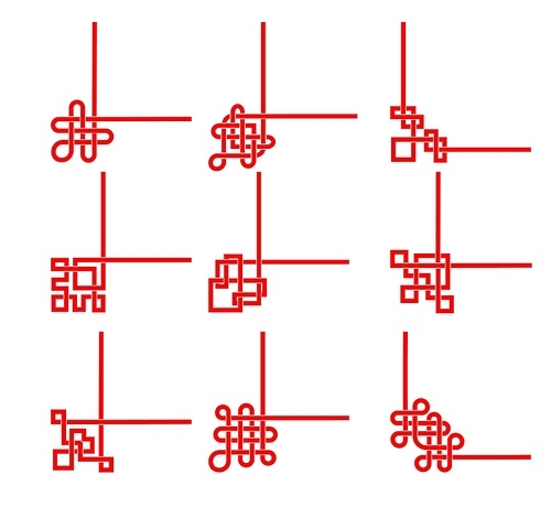 Chinese red frames, corners and dividers with knots, vector asian embellishment borders. Oriental or chinese lucky knot ornament in red lines for frames or corner borders, dividers and boarders