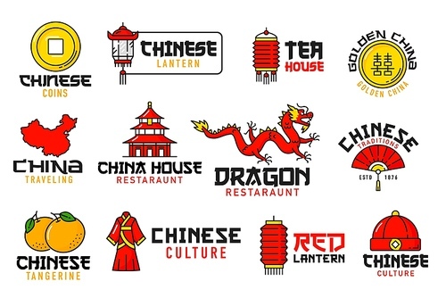 Chinese food festival, holiday and religion icons of China map and flag, vector Asian symbols. Chinese restaurant emblem with red dragon and paper light lantern, pagoda and mandarin with golden coins
