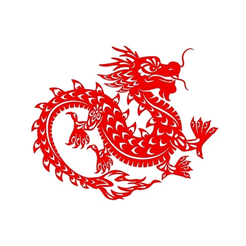 Chinese Lunar New Year festival dragon vector design. Dancing dragon of animal zodiac horoscope symbol, isolated red paper cut monster or oriental mythology with flower ornaments and fire flames