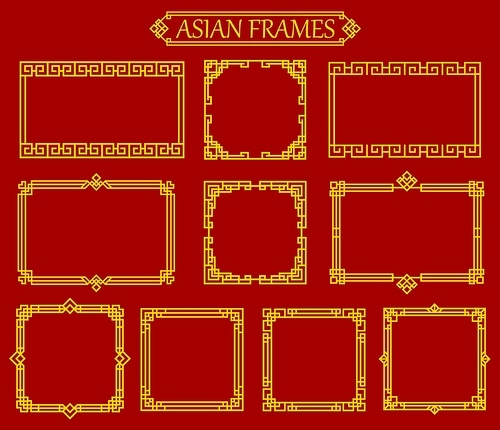 Asian square and rectangular chinese, japanese, korean frames and borders. Vector gold photo frames with traditional asia knot ornaments, embellishment or patterns. Oriental graphic vintage decor set