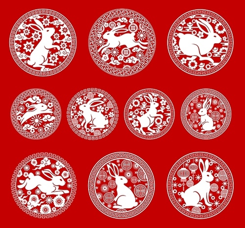 Chinese New Year horoscope rabbit round icons. Zodiac animal vector symbols with papercut pattern of Asian lanterns, lucky coins and cherry blossom, oriental clouds, stars and geometric ornaments