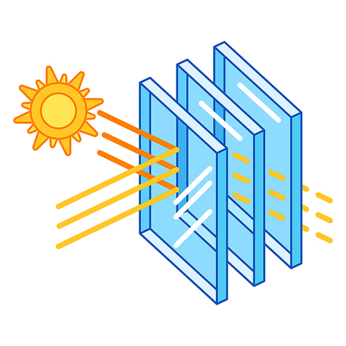 Sun protection with glass layers. Cross section double glazed window. Infographics showing properties. Image for businesses and construction industry.