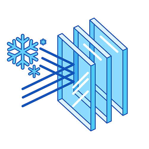 Cold protection with glass layers. Cross section double glazed window. Infographics showing properties. Image for businesses and construction industry.