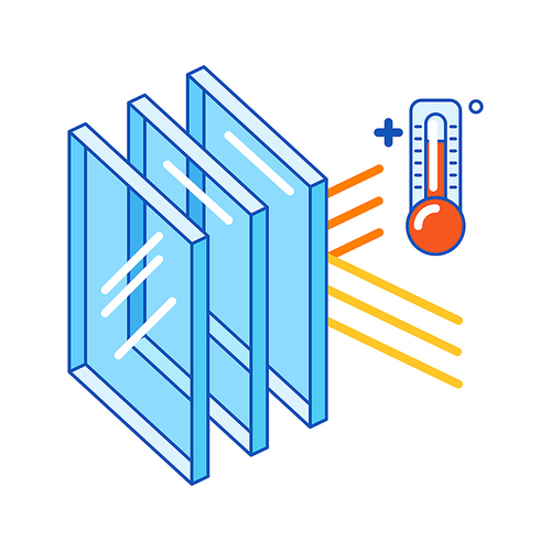 Keeping warm temperature inside house with glass layers. Cross section double glazed window. Infographics showing properties. Image for businesses and construction industry.