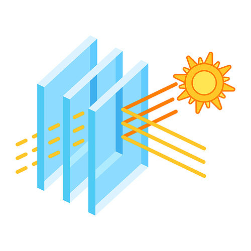 Sun protection with glass layers. Cross section double glazed window. Infographics showing properties. Image for businesses and construction industry.