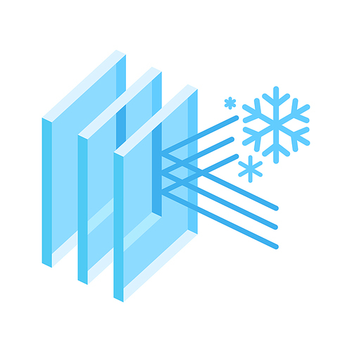 Cold protection with glass layers. Cross section double glazed window. Infographics showing properties. Image for businesses and construction industry.