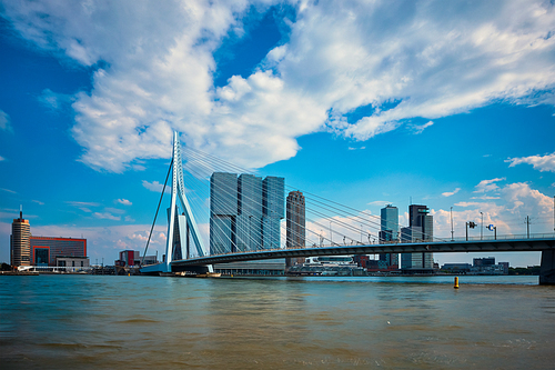 View of Rotterdam cityscape with Erasmusbrug bridge over Nieuwe Maas and modern architecture skyscrapers. Rotterdam, the Netherlands