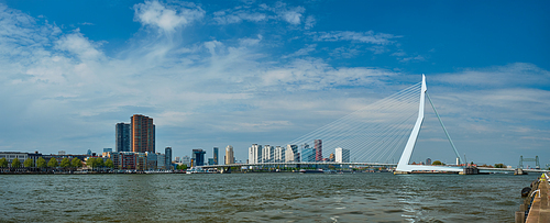 Panorama of Rotterdam skyline over Nieuwe Maas with Erasmusbrug bridge and skyscrapers. Rottherdam, the Netherlands