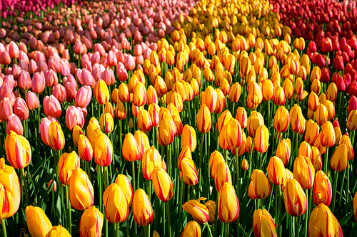 Blooming red tulips flowerbed in Keukenhof flower garden, also known as the Garden of Europe, one of the world largest flower gardens and popular tourist attraction. Lisse, the Netherlands.
