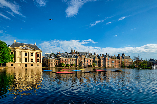 View of the Binnenhof House of Parliament and Mauritshuis museum and the Hofvijver lake. The Hague, Netherlands