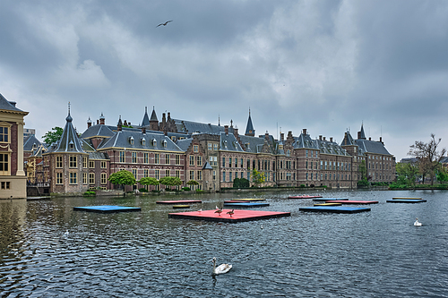 View of the Binnenhof House of Parliament and the Hofvijver lake with swans. The Hague, Netherlands