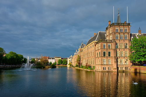 View of the Binnenhof House of Parliament and the Hofvijver lake. The Hague, Netherlands
