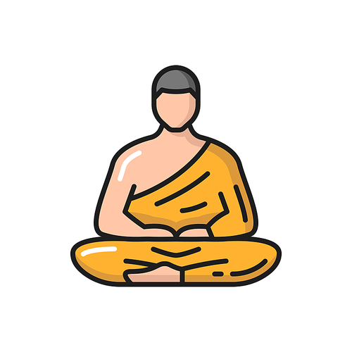 Prayer in zen isolated meditating thai person, buddhist prayer Thailand man color line icon. Vector monk in robe praying in lotus pose, Tibetan religious spiritual sacred Buddha, asian culture prayer