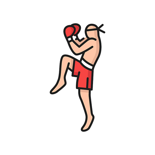 Muay Thai boxing man kick boxer isolated color line icon. Vector Kickbox champion in gloves, Thai athlete in red shorts. Kickboxing person, strong Thailand boxer, taekwondo martial muay sportsman