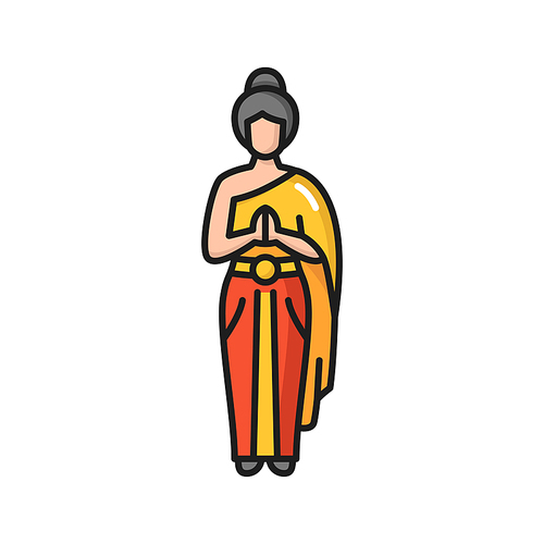 Woman in Thai traditional dress color line icon. Vector Thailand female in traditional wear say hello Sawasdee. Vector asian eastern national costume on pretty girl. Thai dancer, female in silk dress