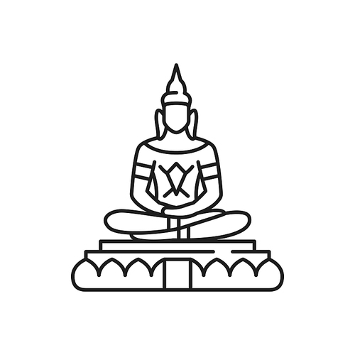 Buddha in meditation golden statue isolated outline icon. Vector symbol of Thailand religion, buddhism holiday spiritual man in zen, meditation spirit, tibetan monk. Buddha Purnima Happy Vesak