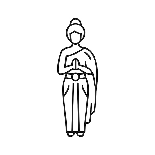 Thai women in Thailand traditional wear say hello Sawasdee isolated thin line icon. Vector linear character, asian south east national costume on pretty girl. Thai dancer, female in silk dress outline