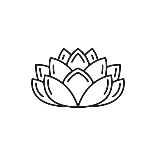 Lotus flower isolated water lily thin line icon. Vector blooming exotic Buddhism symbol of harmony and wellbeing, lily blossom linear sign, Thailand or Thai plant. Spa emblem, waterlily in bloom